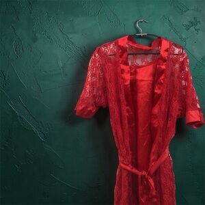 Red Lace Satin Trim Women's Robe